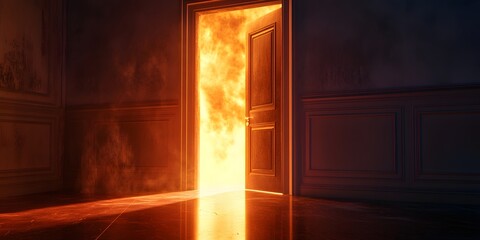 Mysterious open door illuminated by warm light in an elegant interior, inviting exploration and curiosity in a quiet moment. Generative AI