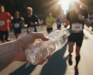 Runner receiving refreshing water bottle at marathon urban streets action shot bright evening light