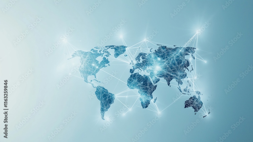 Poster global network illustration shows world map with glowing lines connecting continents. intricate web 