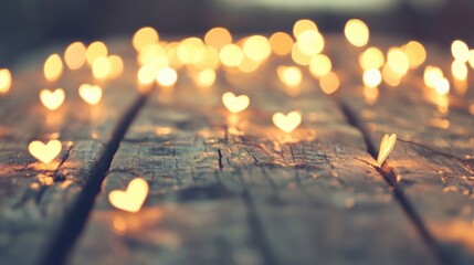 Strings of heart-shaped bokeh lights illuminate a weathered wooden surface, enhancing the romantic vibe of a cozy evening setting