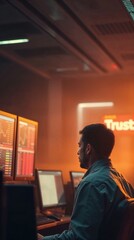 Trader watching computer screens with graphs