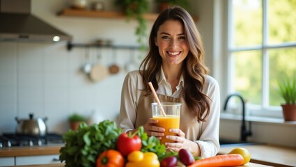 Woman in a kitchen preparing a healthy meal, symbolizing nutrition and wellness. Ideal for health or lifestyle content.