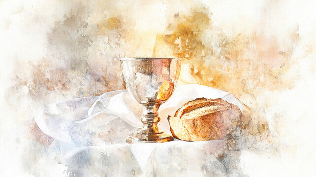 A delicate watercolor of a communion cup and bread on a white altar cloth, bathed in soft, ethereal lighting, symbolizing faith, purity, and spiritual devotion in a serene composition.