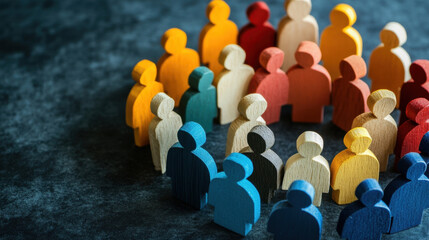 Diverse wooden figures representing teamwork and inclusion in circle, symbolizing unity and collaboration in professional environment