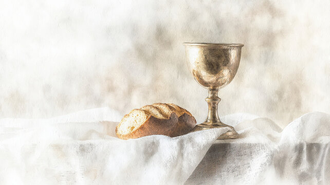 A delicate watercolor of a communion cup and bread on a white altar cloth, bathed in soft, ethereal lighting, symbolizing faith, purity, and spiritual devotion in a serene composition.