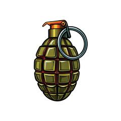 A detailed close-up of a classic hand grenade, showing its pin, lever, and body texture.  Focus on the metallic components and the overall explosive device.