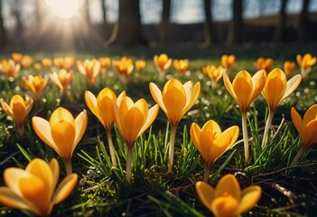 Delicate yellow crocus flowers bloom in lush green grass, sunlight in serene spring setting. Nature revival. Saffron Crocus is genus of perennial bulbous herbaceous plants Iris family Iridaceae. AI.