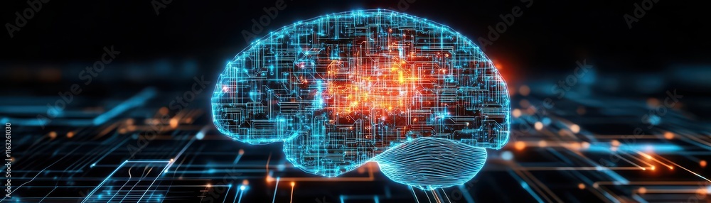 Poster human brain merged with circuits glowing with energy, computational power, neural augmentation