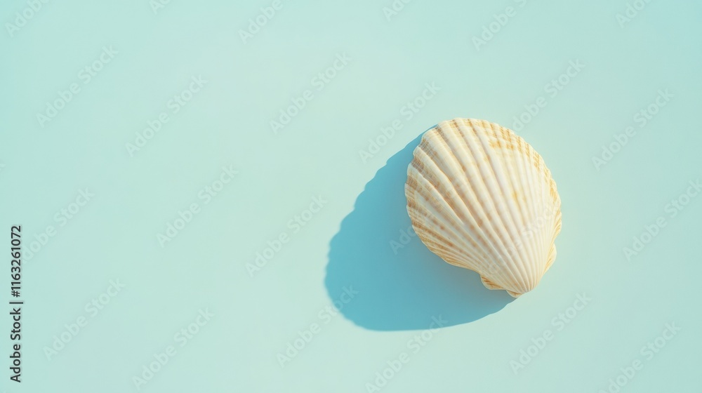 Poster minimal seashell with shadow on pastel blue background