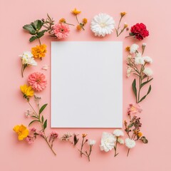 Vibrant Floral Frame with Mixed Blossoms on Pastel Background
