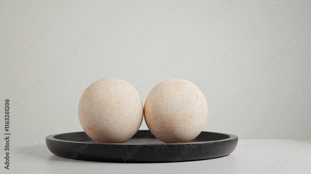 Poster two textured spheres sit closely together on a simple black tray, creating a minimalist aesthetic th