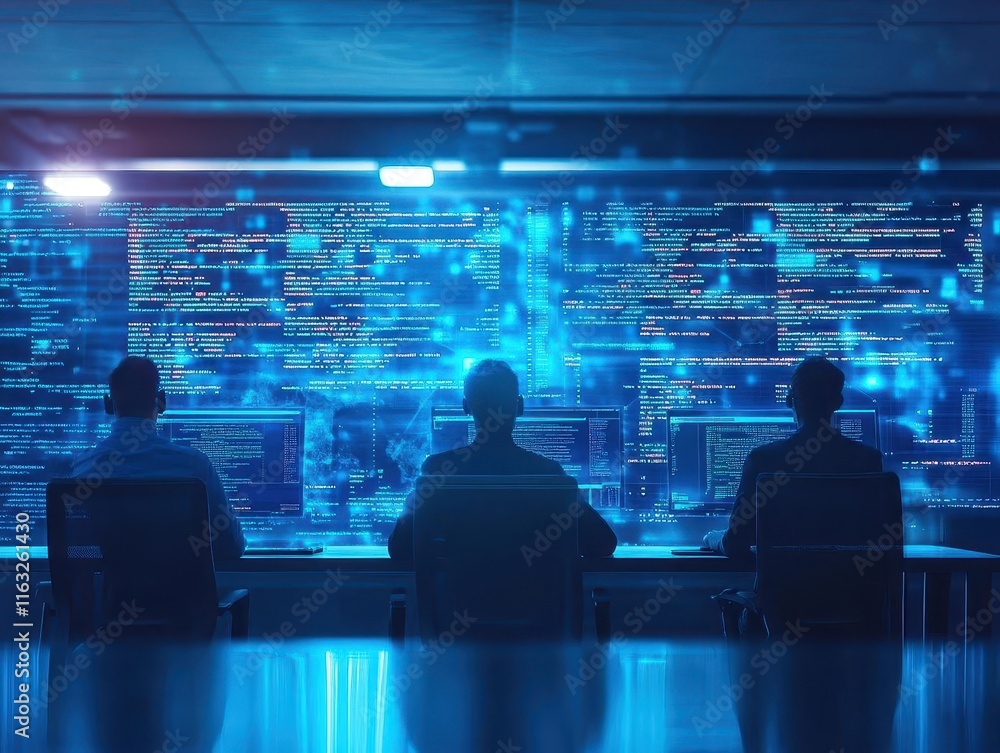 Aufkleber group coding session on large holographic displays, glowing blue light, abstract digital background,