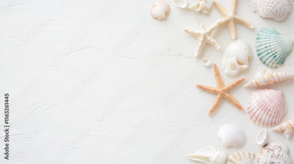 Poster serene beach vibes seashells and starfish on sandy background