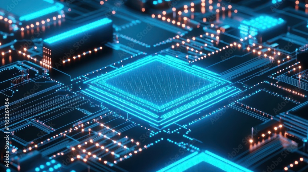 Aufkleber Grid of AI processors illuminated by blue neon light, computational power, tech infrastructure