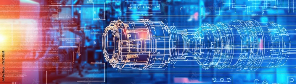 Poster futuristic technology design featuring a 3d visualization of industrial machinery on a digital inter