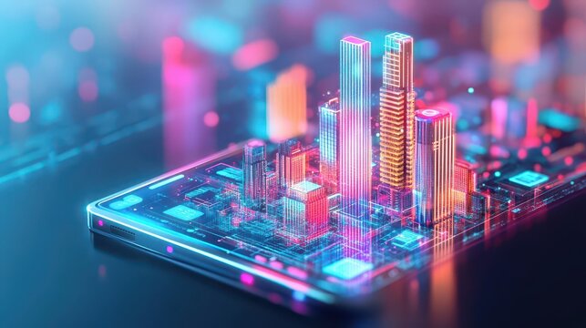 Futuristic mobile apps, augmented reality interfaces in urban environments, 3D illustration