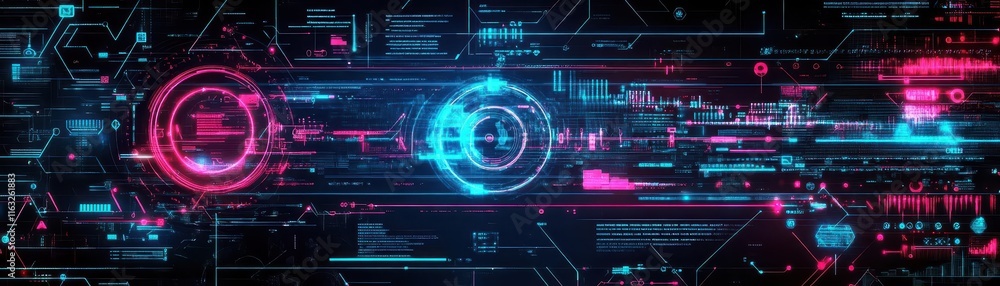 Poster Futuristic digital background with vibrant neon colors, showcasing abstract technology and data visualization concepts.
