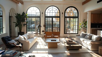 Fototapeta premium Living room interior with large arched window, AI generated image