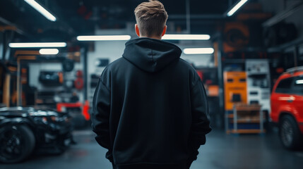 man in black hoodie stands in garage, surrounded by cars and tools, exuding sense of focus and determination