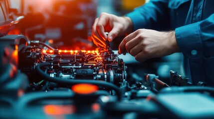 Engineer performing a precision adjustment on a highperformance truck engine, high detail, glowing red and orange tones