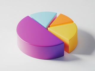 Obraz premium A colorful 3D pie chart featuring segments in purple, blue, yellow, and orange, representing data visualization in a playful and modern design.