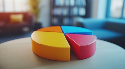 A colorful pie chart made of geometric shapes sits on a wooden table, symbolizing data representation and analysis in a modern office environment.