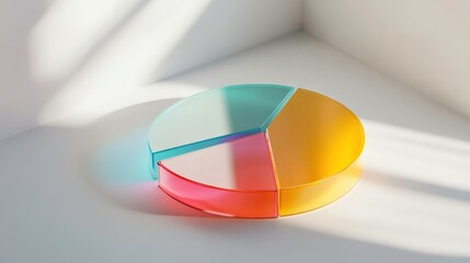 Fototapeta premium A colorful, translucent pie chart made of three segments, arranged on a minimalistic surface, illuminated by soft light, symbolizing data representation and analysis.