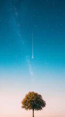 Solitary Tree Under Meteor Shower Against Starry Night Sky