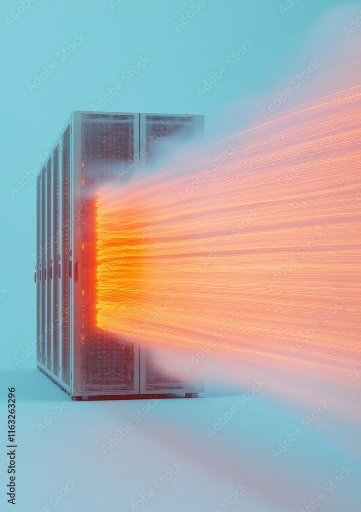 Poster Futuristic Server Room with Vivid Illuminated Data Streams