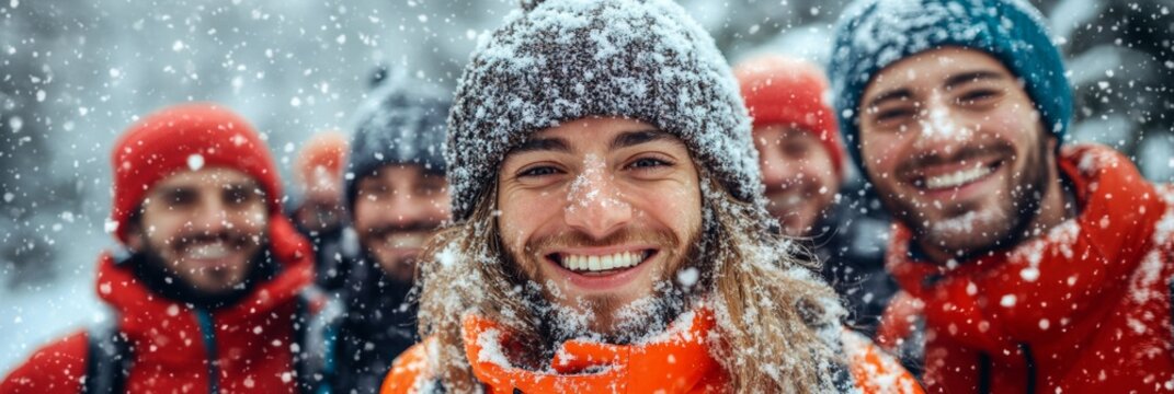 Joyful Winter Run Group of Energetic Adults Celebrating in Snowy Outdoors
