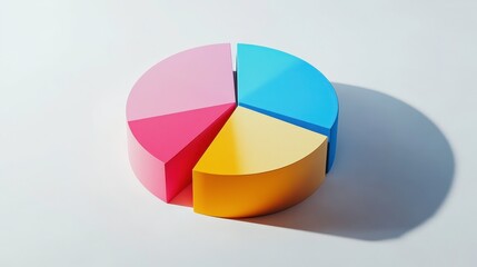 Obraz premium A 3D pie chart with three segments in pink, blue, and yellow, representing data visualization.