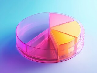 Obraz premium A stylized pie chart in a transparent circular container, showcasing different segments in gradient colors, representing data visualization.
