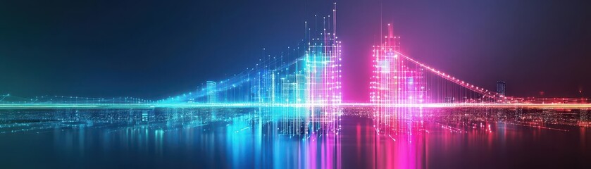 Fototapeta premium Depiction of proactive leadership as a bridge connecting two glowing cities, abstract illustration, vibrant colors, futuristic vibe