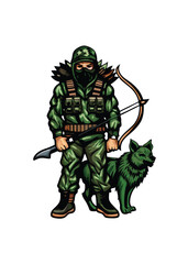 A majestic, elf-like forest guardian, wielding a longbow, stands protectively beside a loyal wolf companion in a mystical, sun-dappled forest clearing.