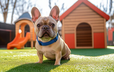 French Bulldog with blue collar sits on green grass in playground, showcasing its playful nature. dog is in front of colorful doghouse and slide, creating cheerful atmosphere