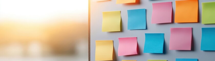 Colorful sticky notes arranged on a board with a warm, blurred background. Perfect for creativity and organization themes.