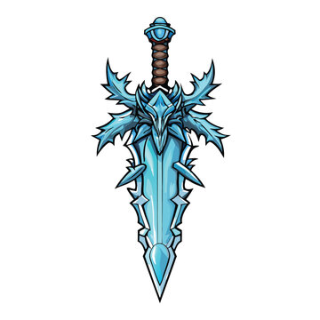 Render a highly detailed image of Frostmourne, the iconic ice sword from Warcraft, radiating intense freezing aura.  Showcase intricate details and icy textures.
