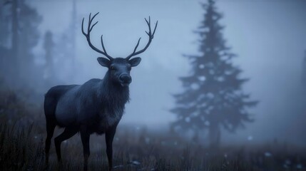 Naklejka premium A solitary deer stands in a misty forest, surrounded by tall trees, creating a serene and atmospheric scene that evokes a sense of tranquility and connection with nature.