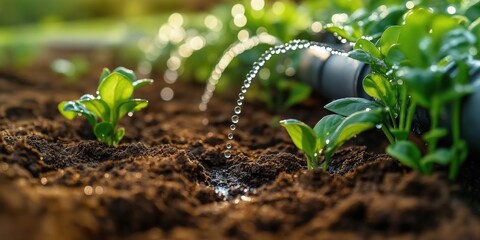 Closeup view of drip irrigation system watering young plants. Water droplets fall from rubber tube onto soil. Healthy green sprouts absorb moisture. Eco-friendly method of hydration. Sustainable
