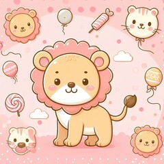 Whimsical Lion in Pastel Wonderland. Cute Cartoon Animal.