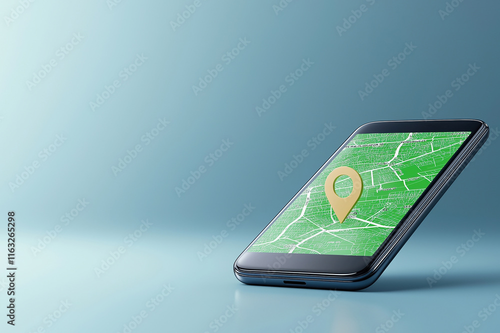 Poster smartphone displaying location map with navigation feature in modern design