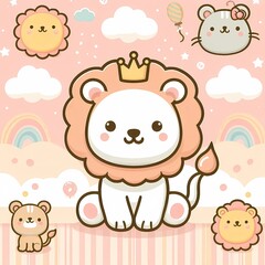 Naklejka premium Whimsical Lion in Pastel Wonderland. Cute Cartoon Animal.
