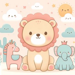 Fototapeta premium Whimsical Lion in Pastel Wonderland. Cute Cartoon Animal.