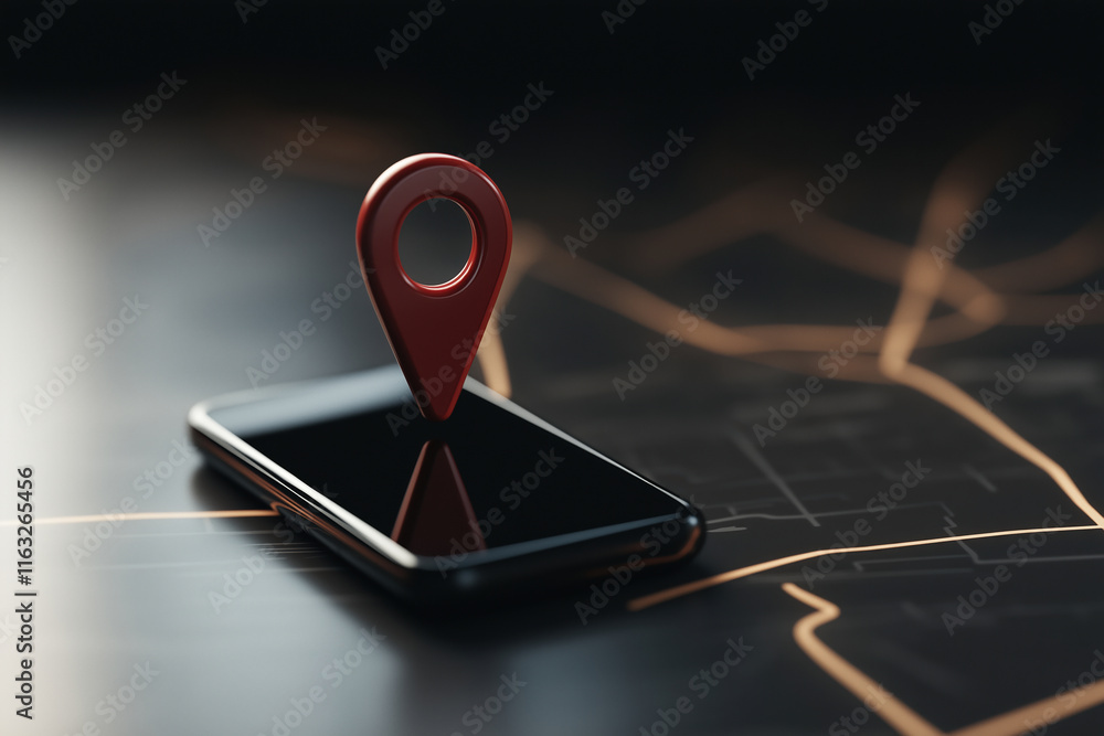 Poster location marker on smartphone displaying map interface in modern urban setting