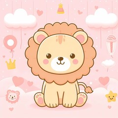 Whimsical Lion in Pastel Wonderland. Cute Cartoon Animal.