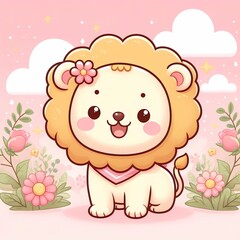 Fototapeta premium Whimsical Lion in Pastel Wonderland. Cute Cartoon Animal.