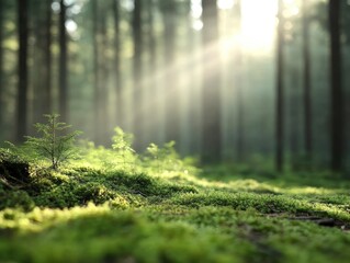 Fototapeta premium A serene forest scene illuminated by soft sunlight filtering through tall trees, highlighting lush green moss and small plants on the forest floor.