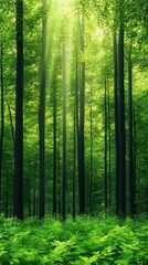 Fototapeta premium A serene forest scene featuring tall trees bathed in soft green light, creating a peaceful and tranquil atmosphere. Ideal for nature lovers and those seeking calmness.