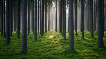 A serene forest scene with tall trees and lush green moss, illuminated by soft light. It evokes a sense of calm and connection to nature.