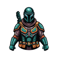 A sleek, armored futuristic bounty hunter stands poised, weapon holstered, in a neon-lit cityscape.  Detailed armor, advanced weaponry.